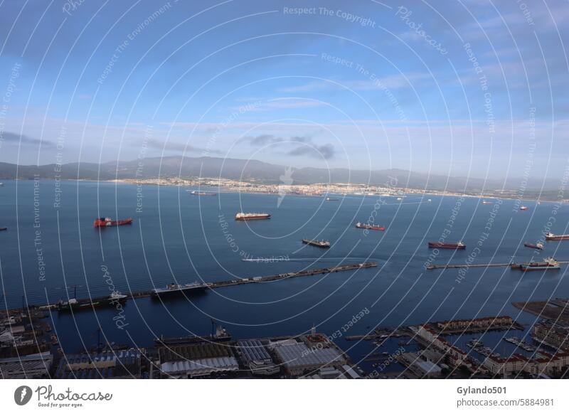 View over the port of Gibraltar towards the Spanish mainland Harbour Strait of Gibraltar Cargo-ship ships Navigation Vantage point panorama Ocean Water