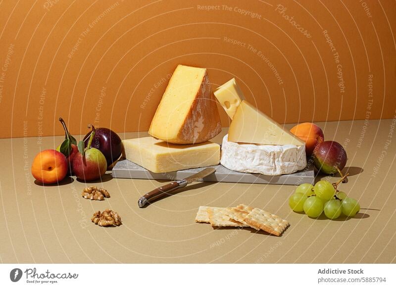 Assorted cheeses and fruit on beige surface nuts texture background assortment dairy snack gourmet top view food variety fresh table healthy brie cheddar slice