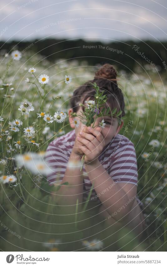 Girl in the camomile field 2 beautifully Clouds Infancy Bouquet Chamomile Camomile blossom Nature Green Meadow flowers Summer pick flowers out Sky
