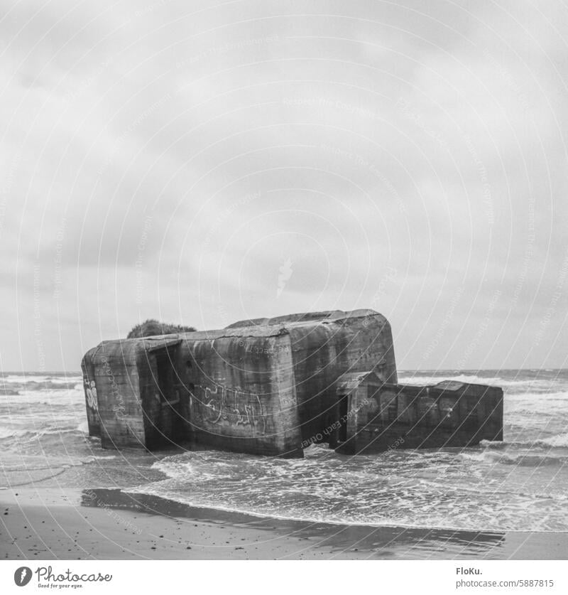 Bunker sinks into the sea on the North Sea coast in Denmark Beach Analogue photo analogue photography Ocean Landscape vacation Nordic Vacation & Travel