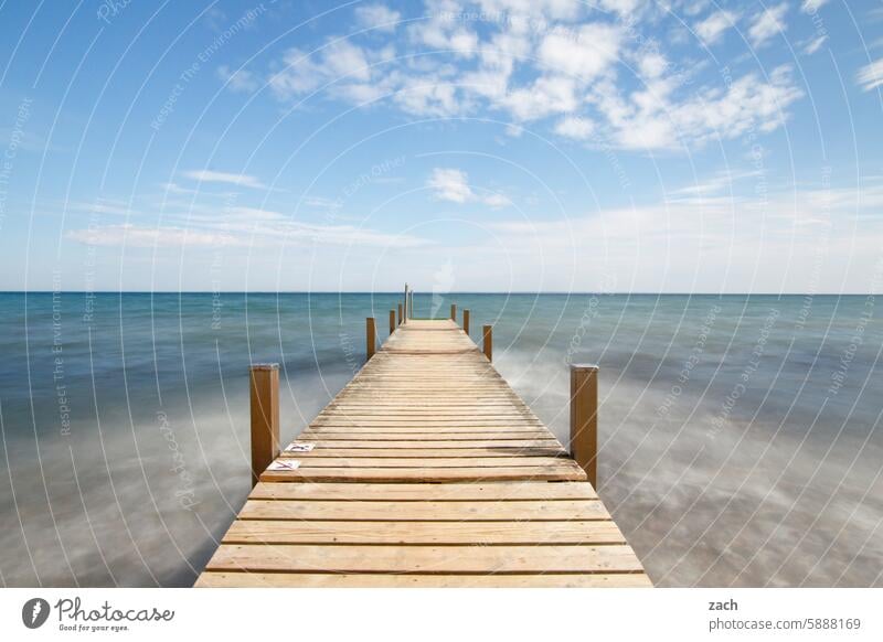 walked out Baltic Sea Footbridge Long exposure Long time exposed Ocean Horizon Sky Water coast Nature Blue Day Baltic coast