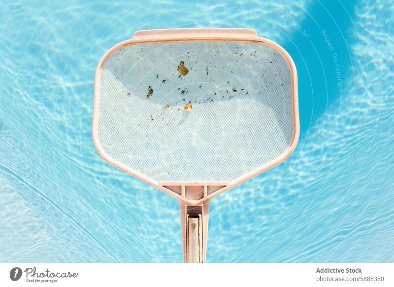 Close-up of a pool skimmer removing leaves from water cleaning blue swimming pool debris maintenance outdoor summer clear cleanliness upkeep bright tranquil