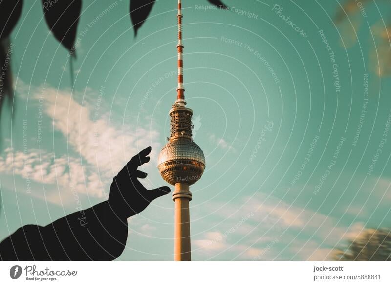 grasp with thumb and index finger Berlin TV Tower Hand Silhouette Grasp Haptic GDR Neutral Background Tourist Attraction destination Sphere Manmade structures