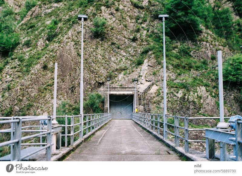 locked - access to the rogue bunker power station Dugout Concrete access road Closed Retaining wall hydropower Architecture Manmade structures Deserted Building