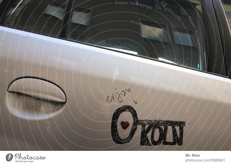 enjoy Cologne Car door door handle Reflection Vehicle Car Window Characters lettering Love your city endemic love of one's homeland Civic pride Contentment