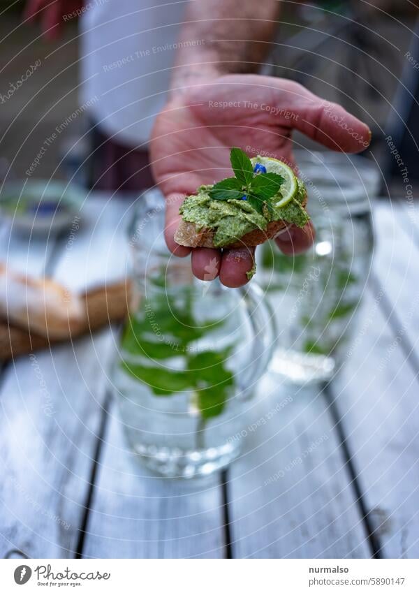 Summer greens ingredient Mint herbs Beverage Lemon Refreshment summer drink Water Drinking water tap water Freshwater Carafe Party vegan non-alcoholic