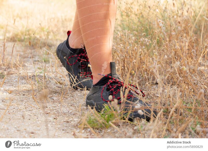 Close-up of hiking boots on a dry grass trail hiker path outdoor nature countryside close-up summer footwear activity adventure walk environment landscape