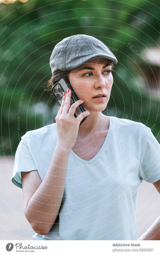 Woman in cap talking on smartphone outdoors woman t-shirt casual technology flat cap communication phone call mobile phone day focused alone standing adult