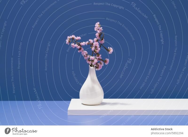 Pink Limonium sinuatum in white vase on blue backdrop limonium statice flower pink blue background arrangement minimalist floral decor bloom branch petal