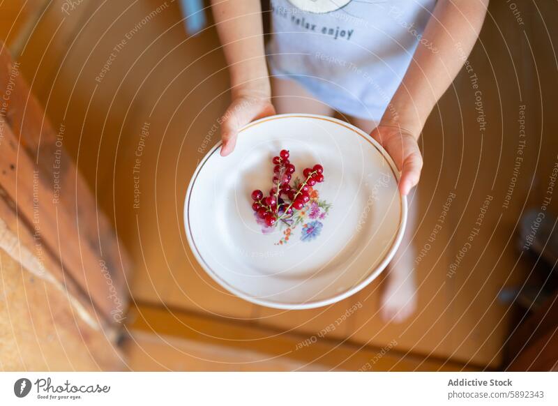 Child holding a bowl of fresh redcurrant berries child berry vibrant natural presenting homey fruit healthy snack wooden floor summer nutrition wholesome