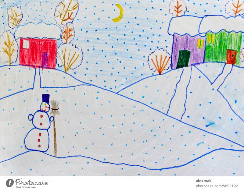 Colorful drawing of houses standing on snowy hills and snowfall childish fantasy Christmas winter imagination pattern color snowflake colorful home New Year