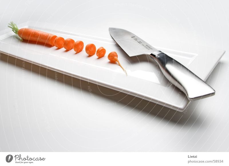diet carrot Carrot Cut Small Plate Rectangle Flat White Interior shot Wide angle Knives Part Bright High-key Orange diversified Metal white background Calm