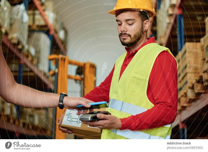 Warehouse worker scanning barcode on smartphone warehouse logistic distribute using box delivery customer parcel man shipping job male device gadget mobile