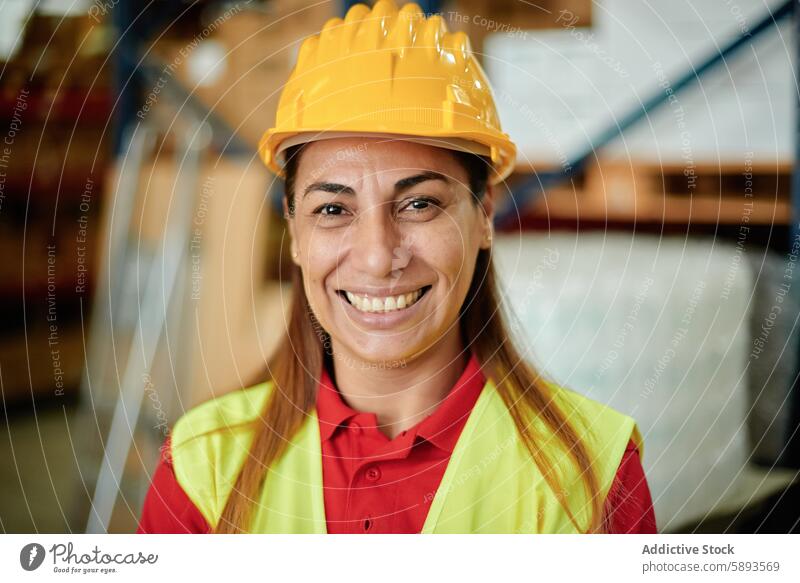 Portrait of a happy adult Caucasian working woman looking at the camera inside a warehouse wearing a hard hat and safety clothing - Focus on the Face portrait