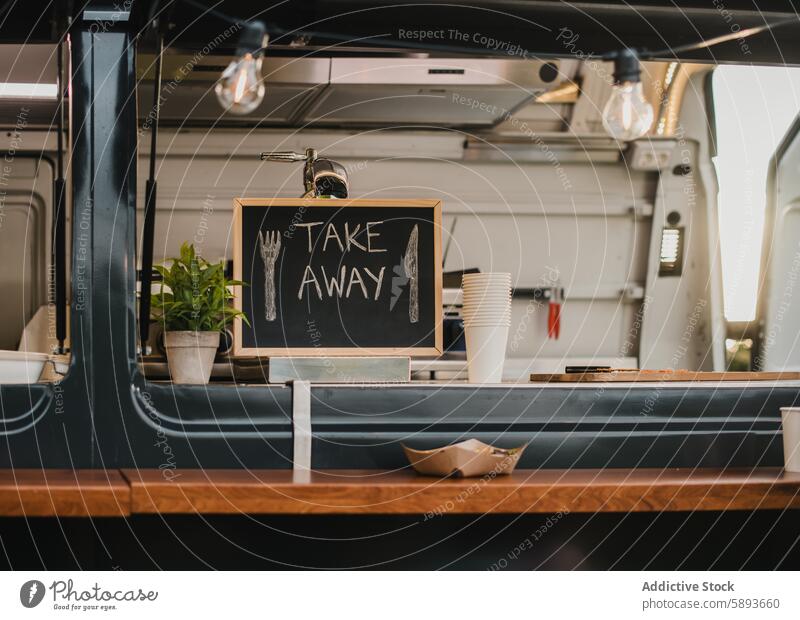 Food truck burger van outdoor in city park - Main focus on chalkboard take away sign australia bar beverage business commerce counter customer day delivery