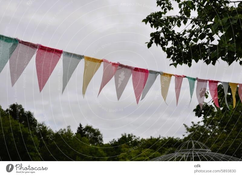 Pastel-colored pennant chain flutters between trees: enjoy the lightness of summer! Paper chain Decoration Feasts & Celebrations Party Joy Deserted variegated
