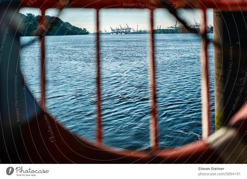 Port of Hamburg seen through a lifebuoy Harbour Elbe River Life belt Water Sky Town