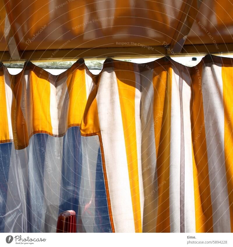 improvised changing room of a market stall Drape Curtain Folds Wrinkles sunny Shadow incurred dressing Plastic Roof plastic Tin reflection Striped Screening