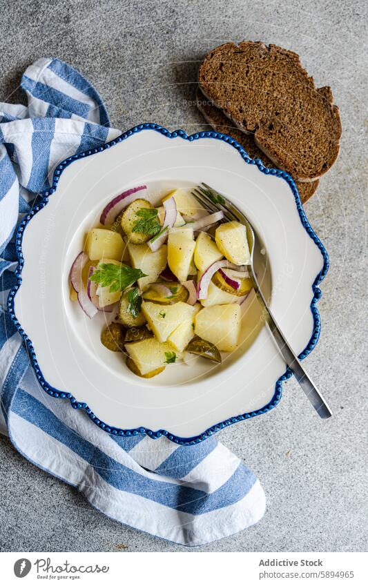 German potato salad with onions and fermented cucumbers food german red onion boiled diced tangy crisp bowl white blue rimmed decorative rye bread dark side