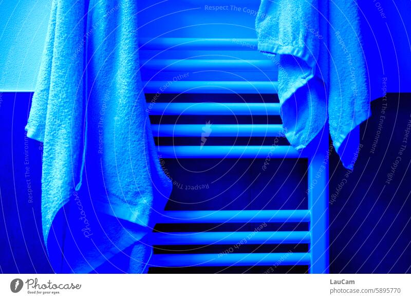 Hang out together - towels on a heater Towel Towels Heating Heater blue light Dry bathroom terry towel Terry cloth Laundry Clean Photos of everyday life