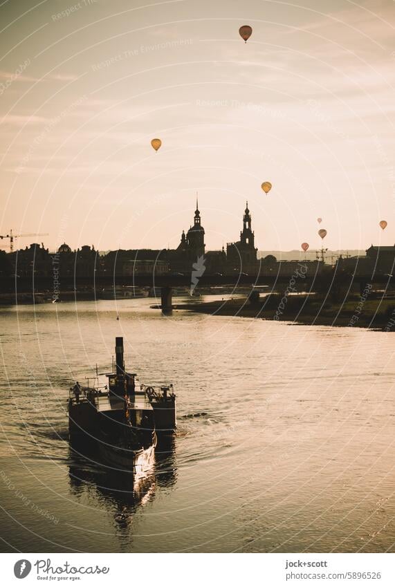 pretty awesome | in the sky and on the water Dresden Inspiration Monochrome Contrast Hot Air Balloon Beautiful weather River Elbe evening light Go up Downtown