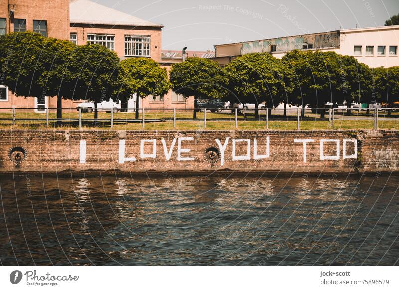 I love you too bank of the Spree Street art Word English Capital letter Berlin Deciduous tree Characters Neutral Background Reflection Building Depth of field