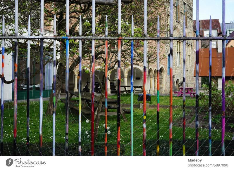 Colorful painted wrought iron fence in front of a green garden in the Werregarenstraat in spring or graffiti street for ambitious sprayers in the old town of Ghent in East Flanders in Belgium