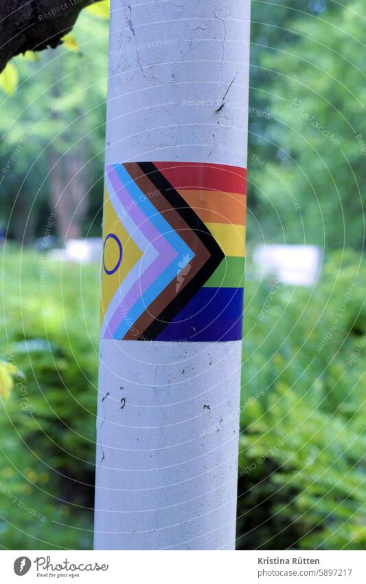 rainbow stickers LGBT Rainbow flag rainbow flag Lamp post Park out Public public visibility lesbian gay homosexual bisexual trans Transgender queer intersex