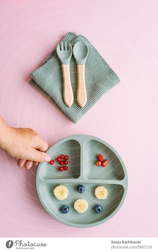 Hand holding a child's plate of fresh fruit. Top view. Baby Plate Child Eating Fresh plan Food Healthy Delicious Nutrition Healthy Eating Fruit Organic produce