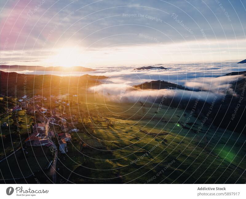 Early morning fog over the mountains of Palencia sunrise village nature landscape palencia curavacas espiguete light haze field rural outdoor scenic sky cloud