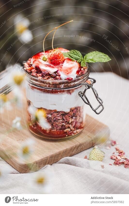 Delicious layered summer breakfast in a jar healthy yogurt granola strawberry mint wooden board linen fabric outdoor natural light healthy eating morning meal