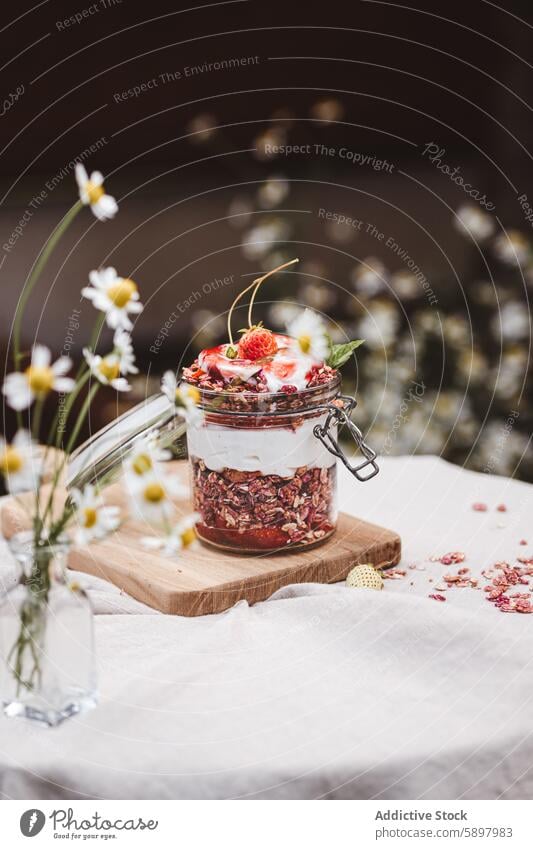 Summer breakfast of granola and yogurt in a jar outdoors summer strawberry wooden board daisy healthy meal snack food nature fruit dairy glass jar floral garden