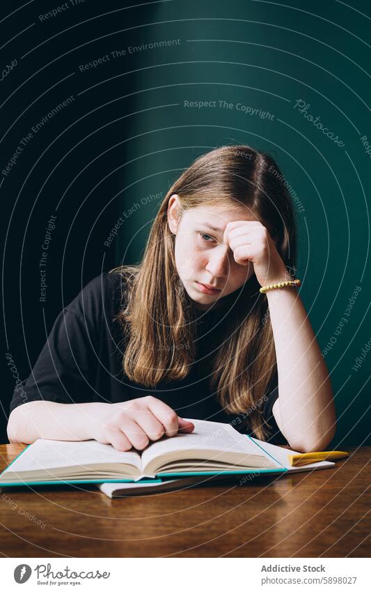 Teenage girl studying intently at a desk student young female teenager school textbook thoughtful education learning focus determination frustration sad reading