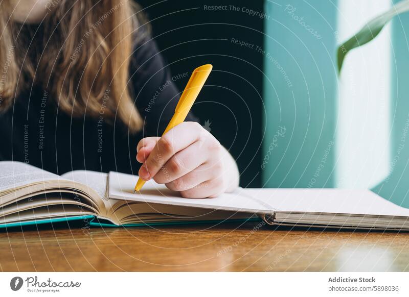 Student writing in a notebook at a desk education student study concentration school learning homework blurred background indoors focus academic pen hand page