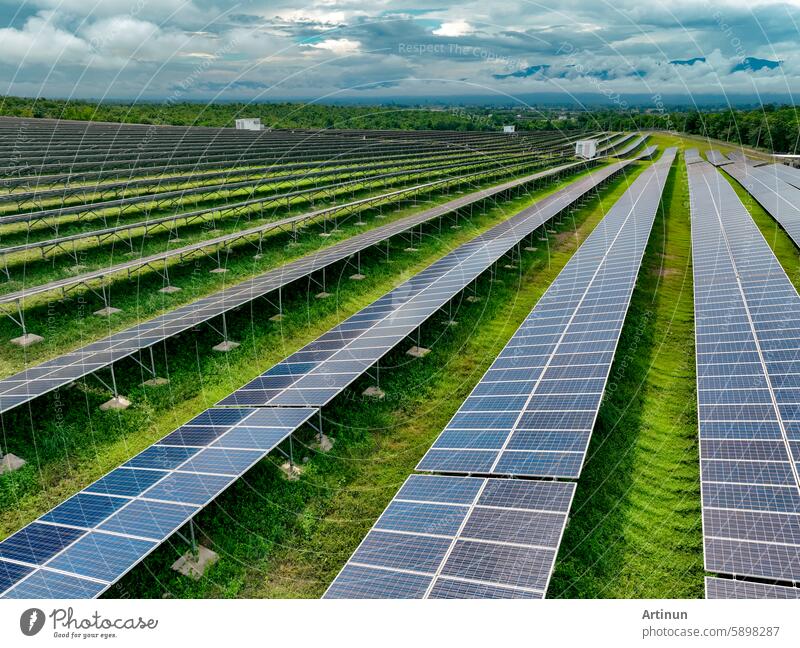 Aerial view of solar farm. Sustainable renewable energy and modern photovoltaic technology for eco-friendly electricity production. Solar power station. Green energy solutions. Solar panel technology.