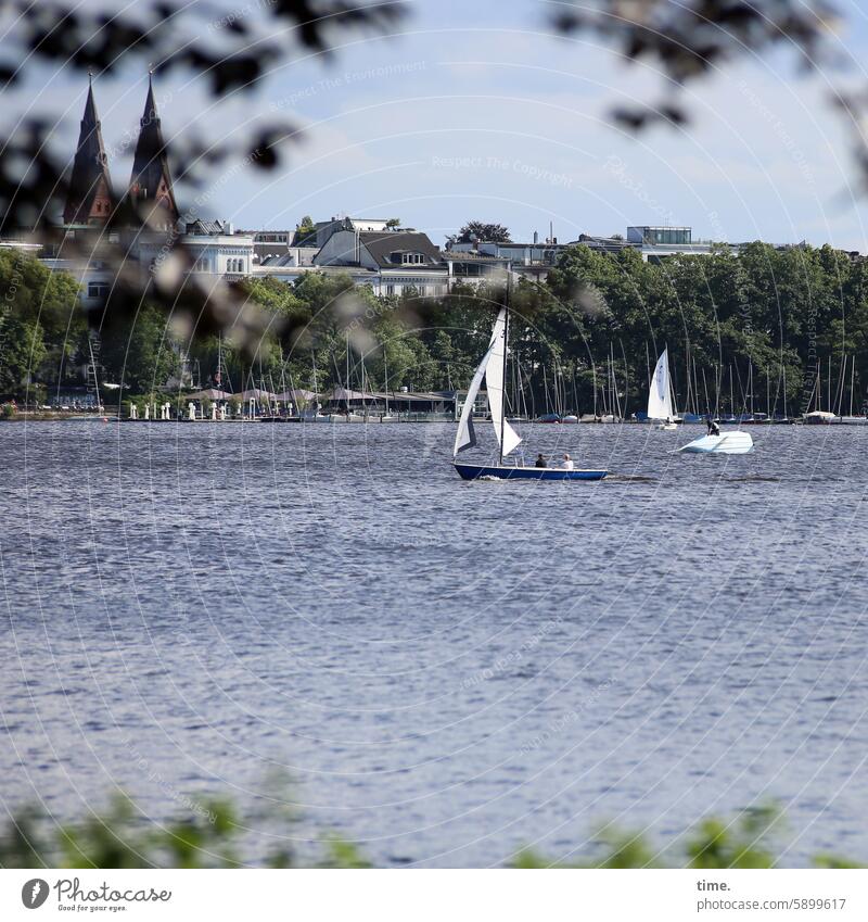 Waiting loop | Did not get the hang of it Sailing boat Sailboat Hamburg Alster Lake Water Skyline sailing Capsize capsized Church trees Summer Aquatics