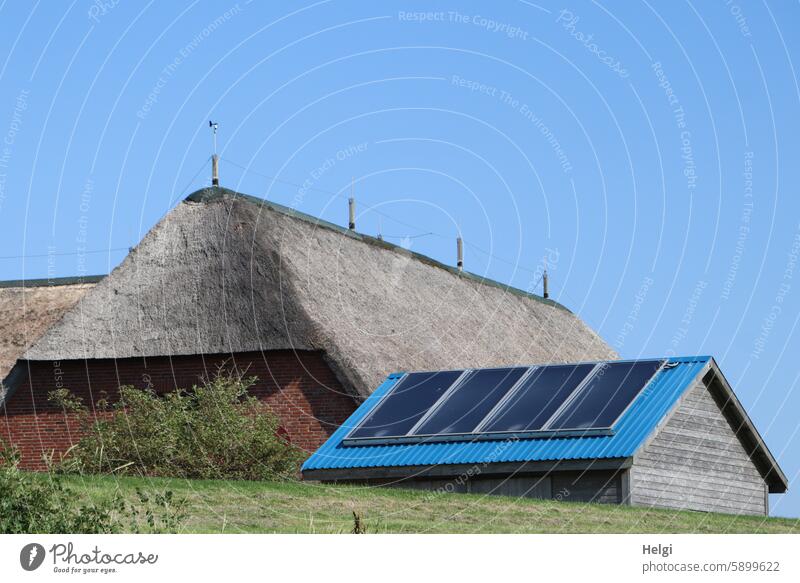 Hallig Gröde | Opposites: Thatched roof and solar roof side by side House (Residential Structure) Building Roof Reet roof solar modules Solar Energy reverberant