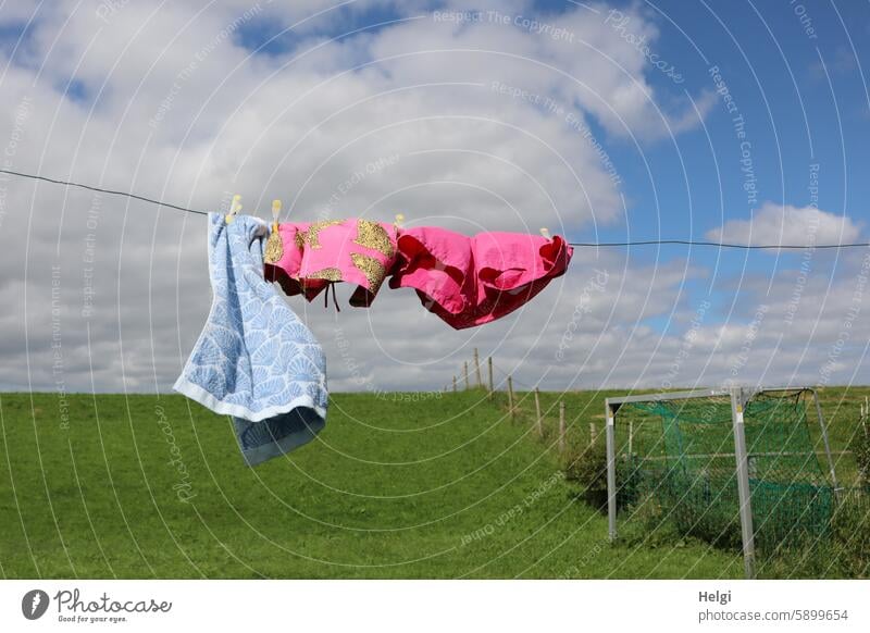 Hallig Gröde | fluttering swimwear on the line Laundry Swimming trunks Towel clothesline Wind Judder windy Meadow Dike Soccer Goal Sky Clouds reverberant Summer