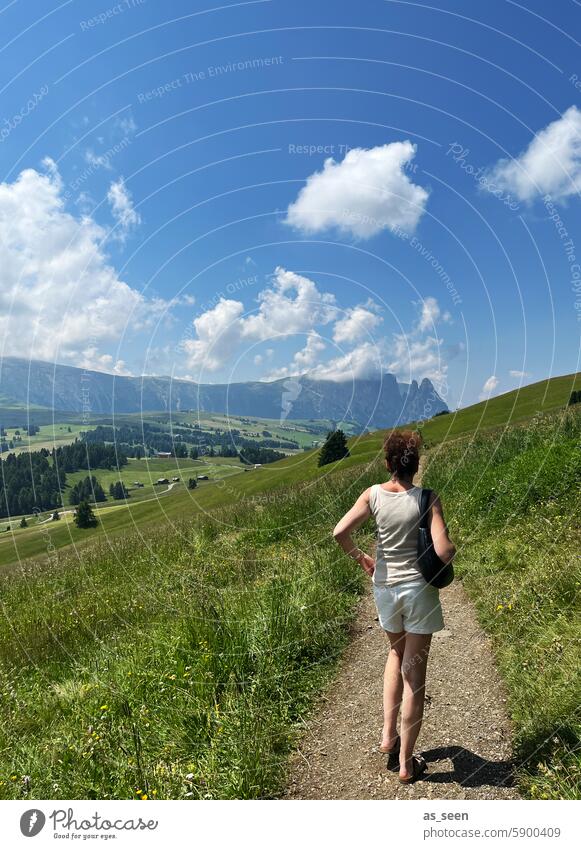 WALK ON THE ALM Woman Alpine pasture Meadow Summer Shorts warm Sun mountains Alps Seiser Alm Schlern Mountain Nature Exterior shot Landscape South Tyrol