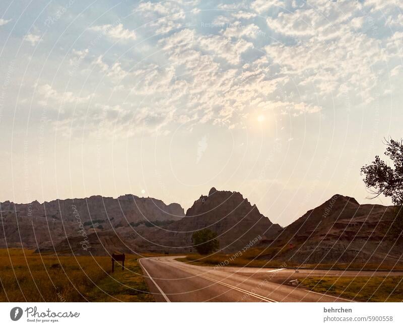 away stories Gorgeous Sunrise Sunlight Back-light Americas South Dakota badlands Mountain Desert aridity Sky Landscape USA Nature surreal especially Wanderlust