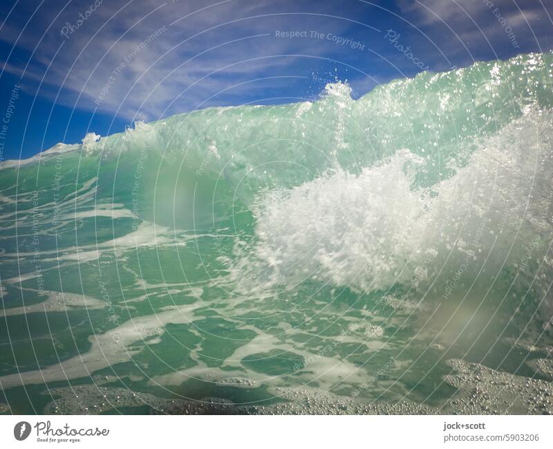 Welle erhebt sich gewaltig wave Frontal Force of nature Pacific Ocean White crest Nature Elements Background picture Blue sky Wave action motion blur Australia