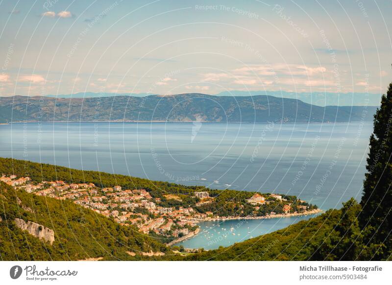 View of Rabac / Croatia Labin Istria Town Ocean Adriatic Sea Water Bay mountains Ucka trees Forest Sky Clouds Sun sunshine coast Vacation & Travel Landscape