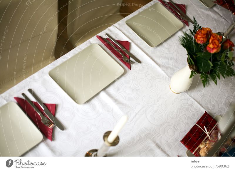 Festive meal | Delicacies Nutrition Dinner Banquet Set meal Crockery Plate Cutlery Knives Fork Bouquet Candle holder Vase Tablecloth Beautiful Emotions Together