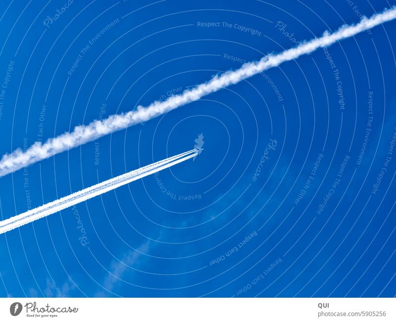 ...off on vacation... Condensation trails in the sky Airplane Vapor trail Sky flight Flying Parallel there and back Above high up White Blue travel holidays