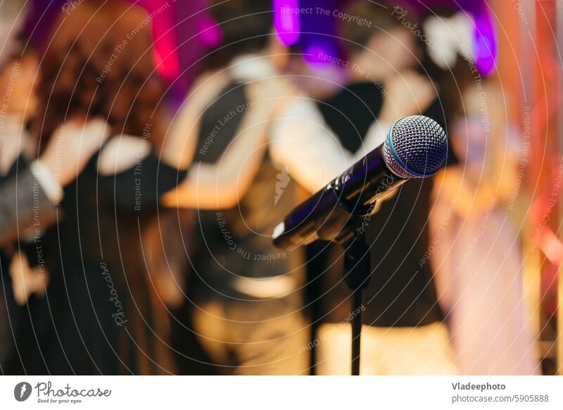 The microphone on stage before the artist performance equipment sound background music audio party voice speech event concert live rock stand karaoke sing