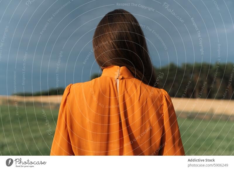 Brunette woman looking away in a field under cloudy skies brunette orange jacket sky nature outdoors contemplation solitude peaceful quiet reflection landscape