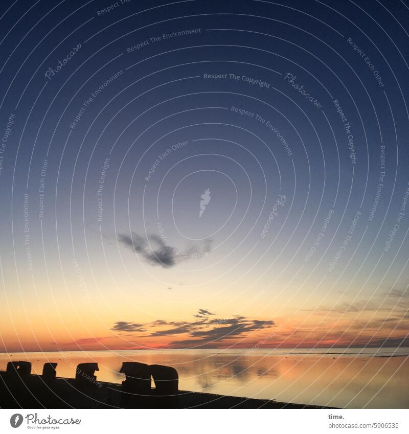 bedtime Beach chair Evening Water Baltic Sea Sunlight Reflection Illuminate Wet Summer Vacation & Travel Relaxation Horizon Sky Clouds Sunset coast