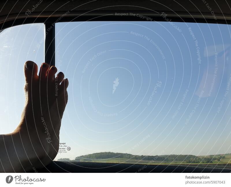 bare foot at the window Feet Window Barefoot travel vacation Sky Vantage point Trip Car journey Toes Vacation & Travel Relaxation feet voyager leisure relax