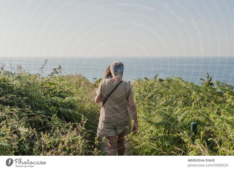 Elderly women enjoying a serene walk by the seaside elderly walking nature tranquility ocean clear sky coastal path greenery outdoors solitude relaxation