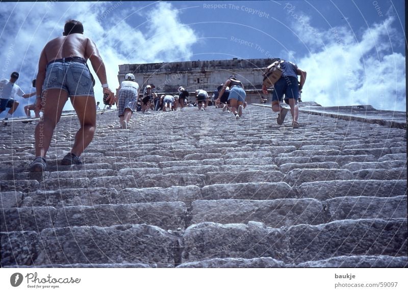 step by step Temple Chichen Itza Yucatan Maya Clouds Stairs Sky Mexico Pyramid climb the stairs Upward Above